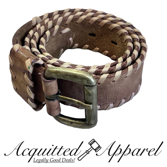 Genuine Leather Solid Brass Buckle Laced Trim Belt
